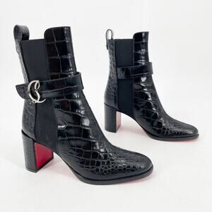 NWOB Christian Louboutin CL Chelsea Booty Black Croc Embossed Ankle Boots EU 37